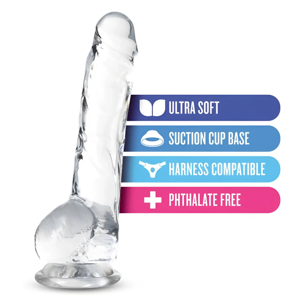 Clear ultra-soft silicone dildo with suction cup base and phthalate-free design naturally yours 8 inch crystaline diamond