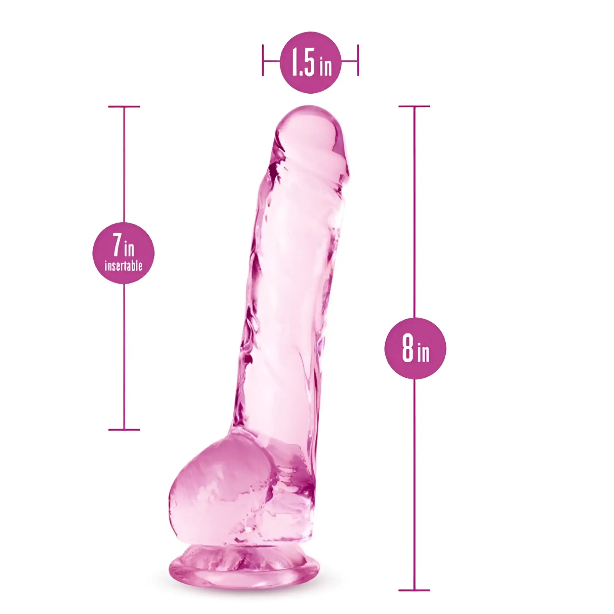 Pink translucent silicone dildo with rounded base and detailed texture from naturally yours 8 inch crystalline dildo rose