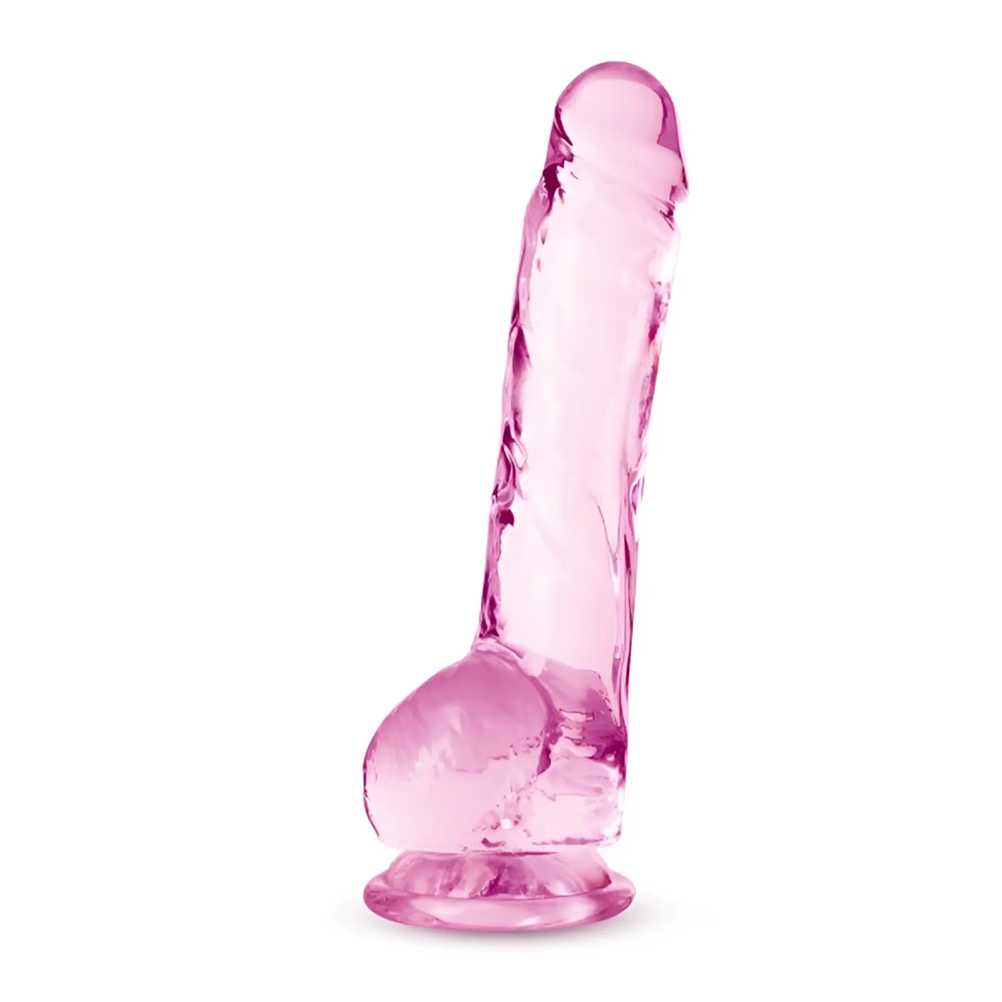 Naturally yours 8 inch crystalline dildo rose pink translucent silicone with rounded base and textured surface