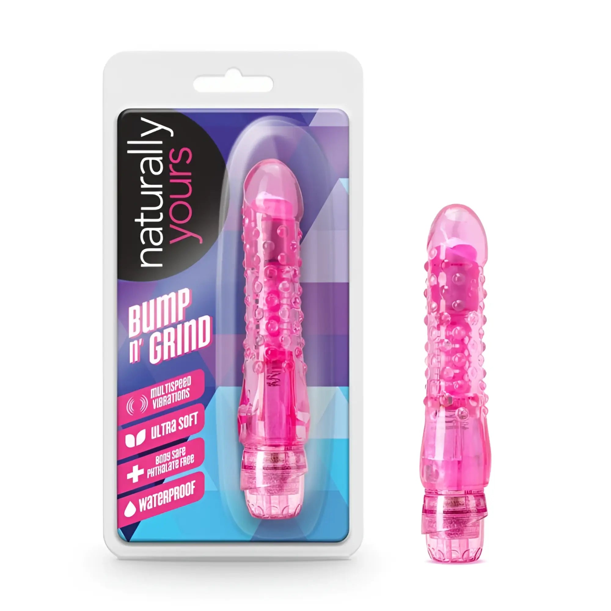 Naturally yours bump n grind pink translucent plastic vibratory toy with textured surface and rounded tip