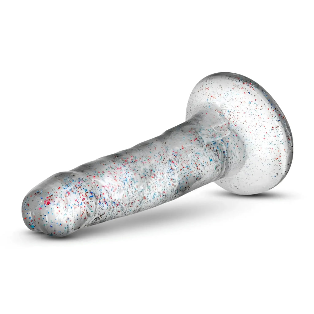 Clear glittery silicone anal plug with red and blue speckles naturally yours naturally yours glitter dong clear 5.5in