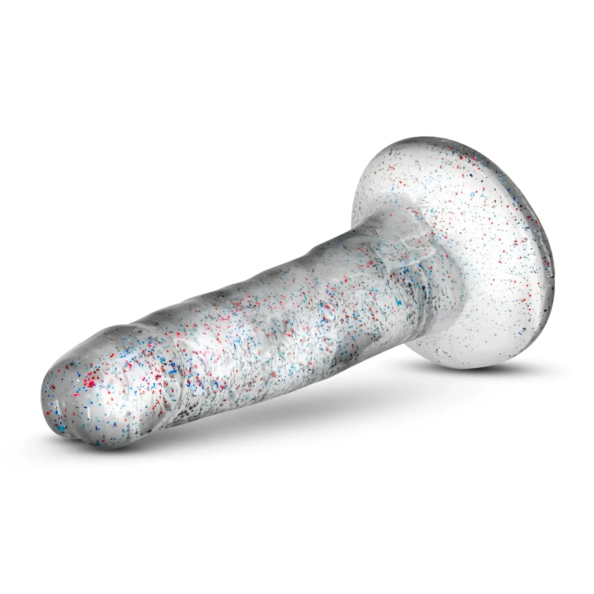 Clear glittery silicone anal plug with red and blue speckles naturally yours naturally yours glitter dong clear 5.5in