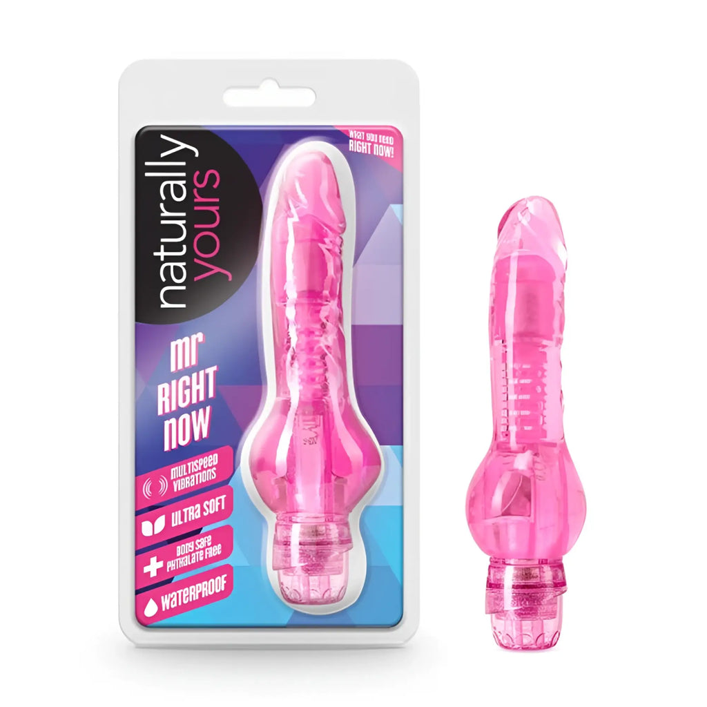 Pink translucent plastic vibrating toy with textured surface and rounded base branded naturally yours mr right now