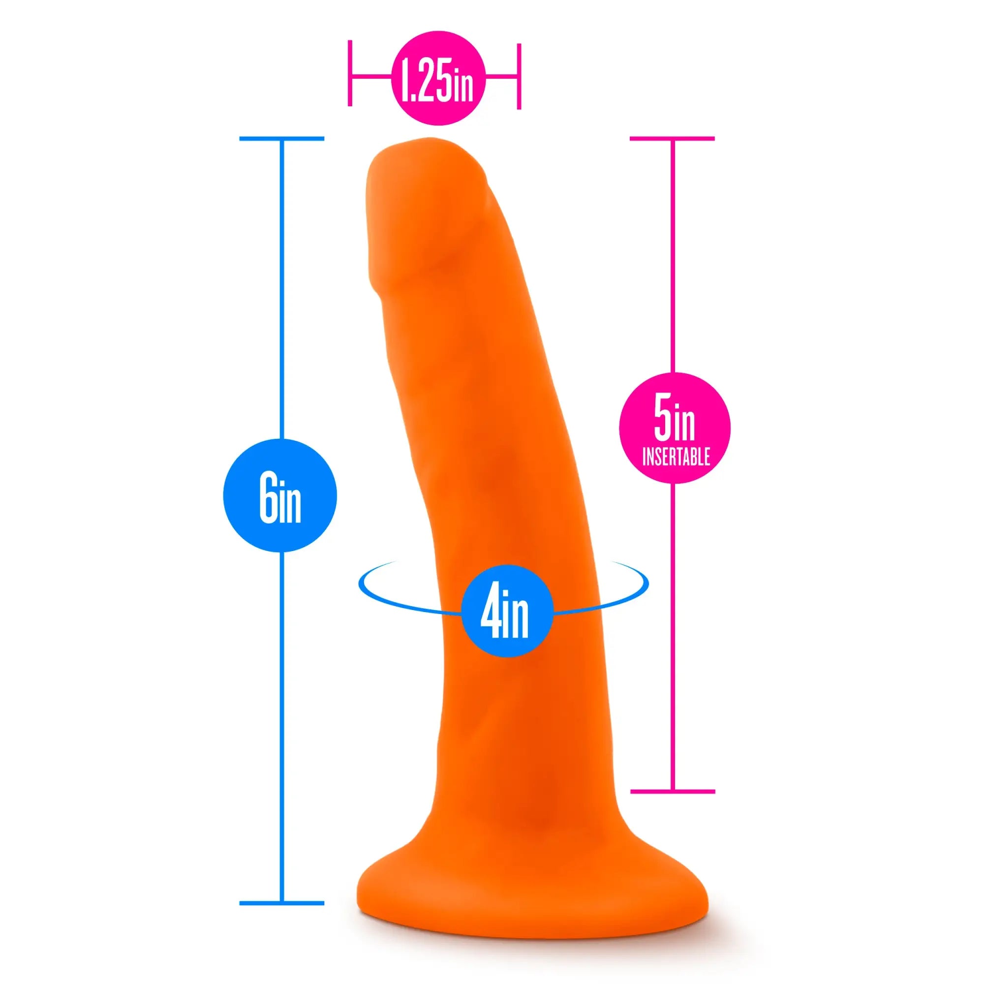 Bright orange neon orange neo neo dual density 6-inch dildo with curved design and labeled dimensions