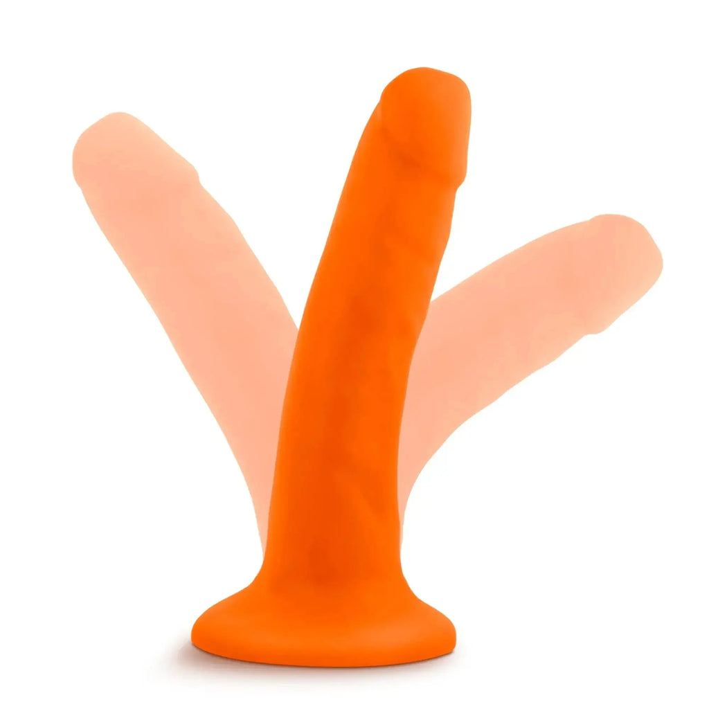 Neo neo dual density cock 6in neon orange bright orange three-pronged silicone adult toy with wide base
