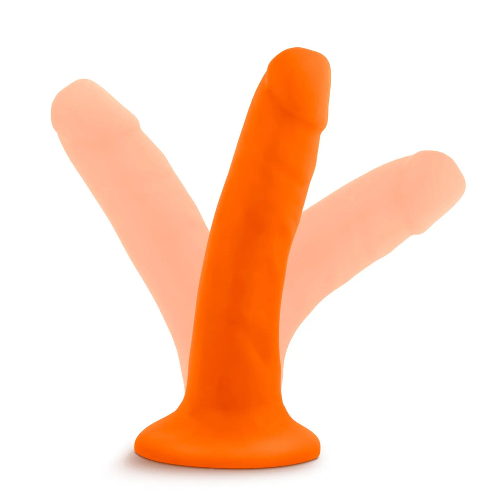 Neo neo dual density cock 6in neon orange bright orange three-pronged silicone adult toy with wide base