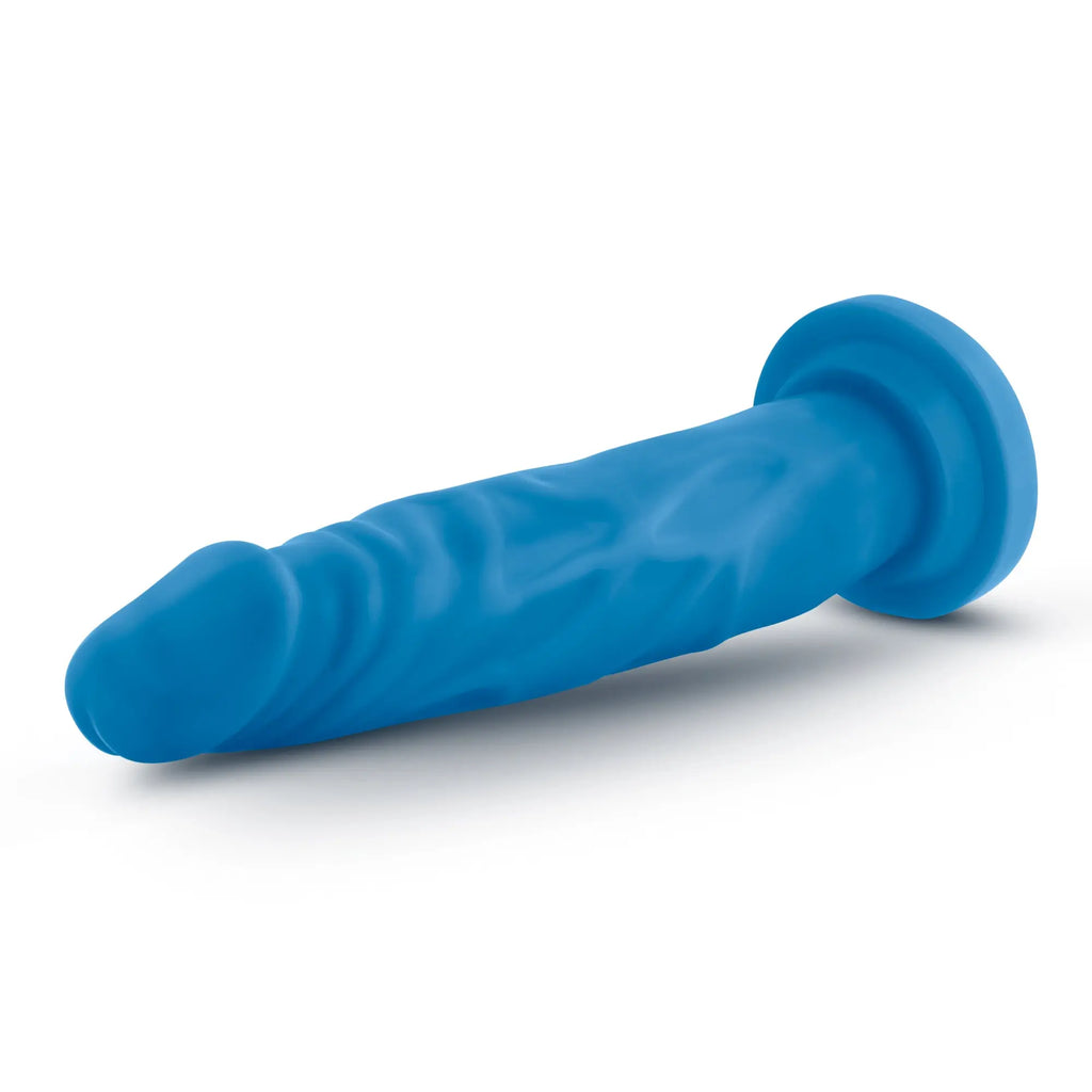 Blue silicone anal plug with textured ridges and rounded base from Neo Neo Dual Density Cock 7.5in neon blue product