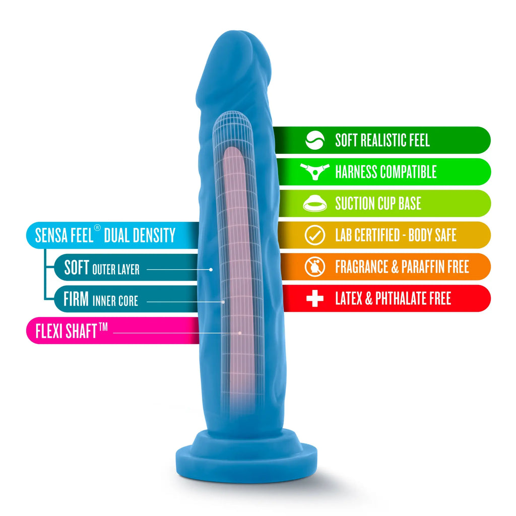 Blue silicone dildo with dual-density design featuring soft outer layer and firm core neo neo dual density cock 7.5in neon blue