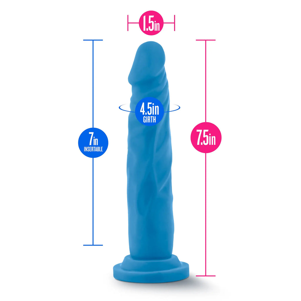 Blue silicone dildo with textured twisted design and rounded base from neo neo dual density cock 7.5in neon blue product