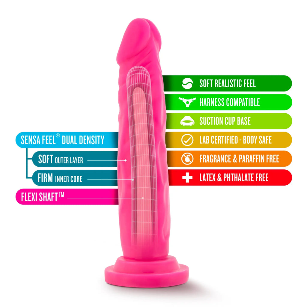 Bright pink neo neo dual density silicone dildo with flexible shaft and suction cup base 7.5 inches long
