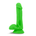 Bright green silicone dildo with rounded head and foot-like base neo neo dual density cock with balls 6in neon green