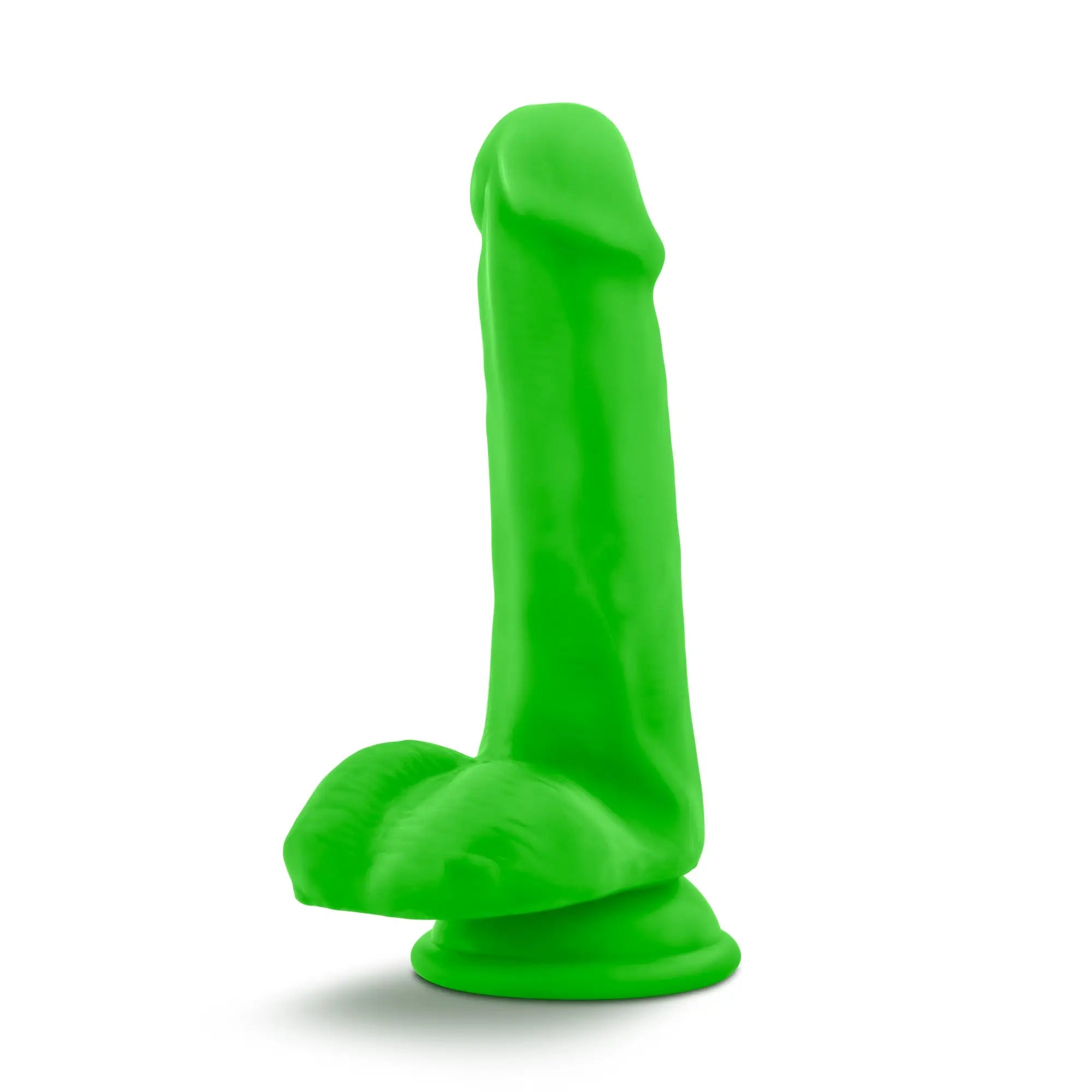 Bright green silicone dildo with rounded head and base from neo neo dual density cock with balls 6in neon green