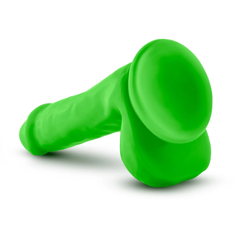 Bright green silicone neo neo dual density cock with balls 6in featuring rounded bulbous head and tapered shaft