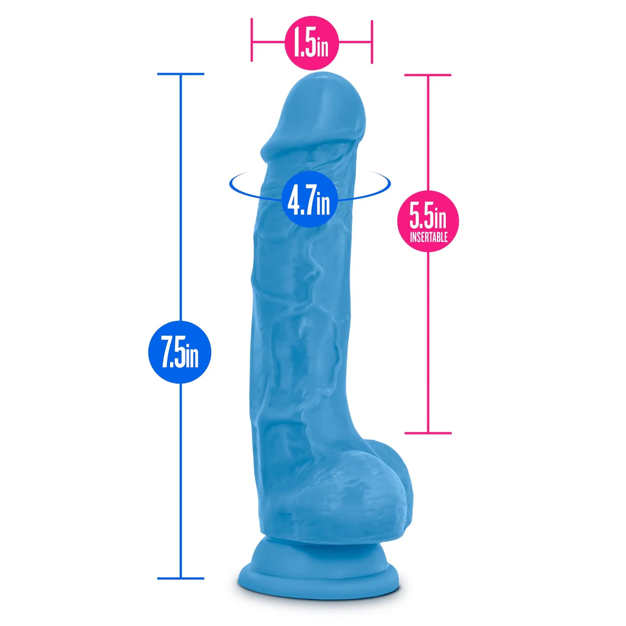 Blue silicone dildo with textured surface and rounded base from neo neo dual density cock with balls 7in neon blue