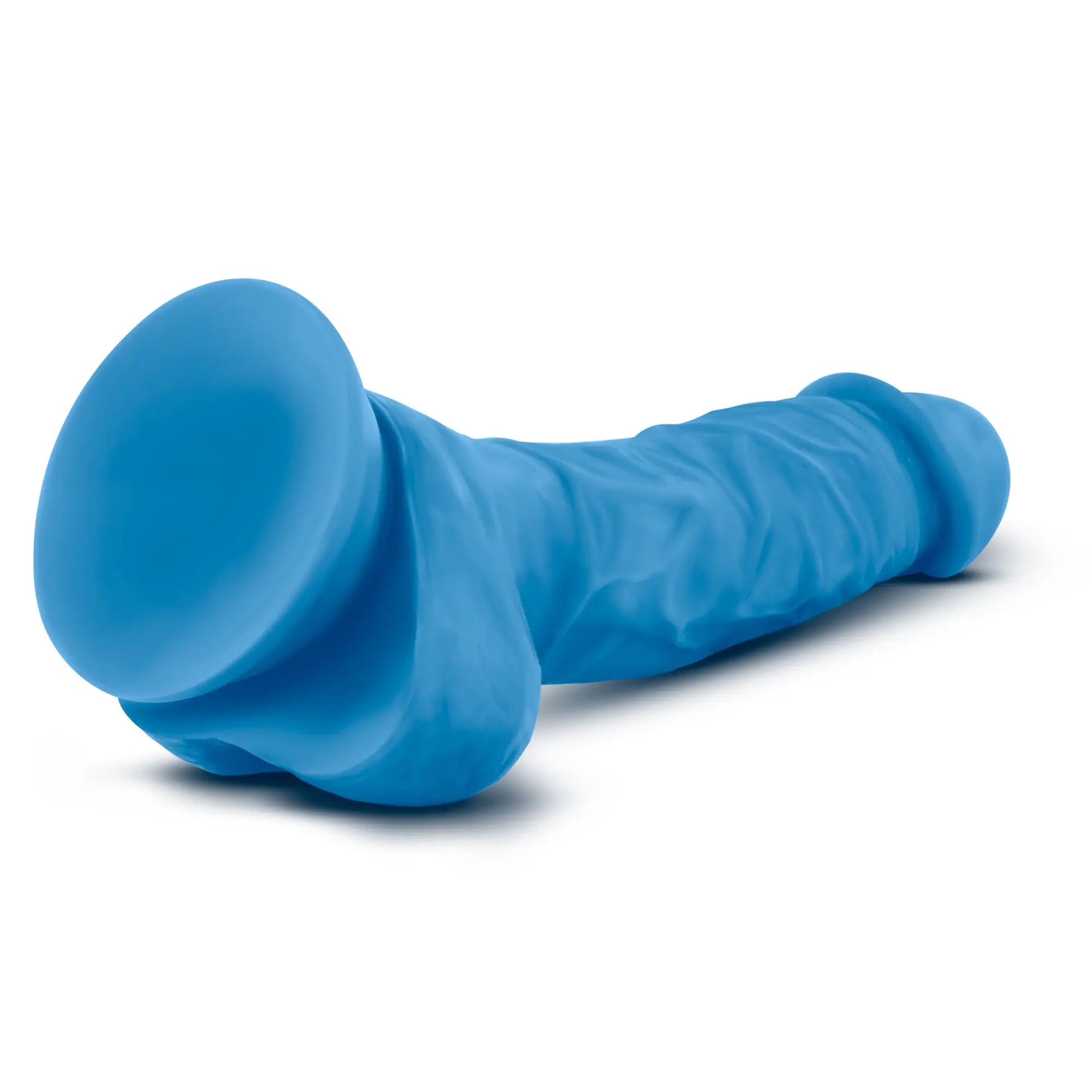 Blue silicone suction cup dildo from neo neo dual density cock with balls 7in neon blue product