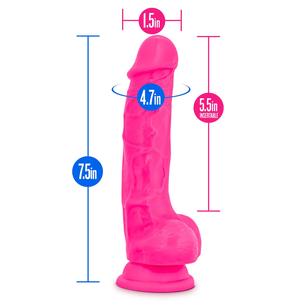 A bright pink 7.5-inch neo neo dual density textured adult toy with rounded base designed for personal use
