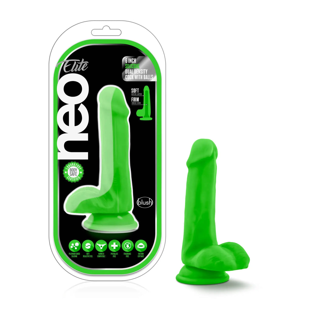 Bright green neo elite 6 inch silicone dual density dildo with attached balls by blush in neon green