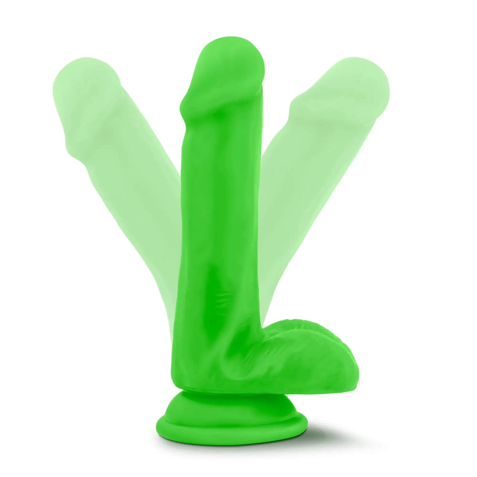 Neo Elite 6in silicone dual density cock with balls in bright green featuring a three-pronged central base silicone toy