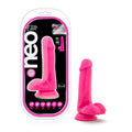 Bright pink smooth silicone dildo with rounded head and suction cup base neo elite 6in dual density cock with balls