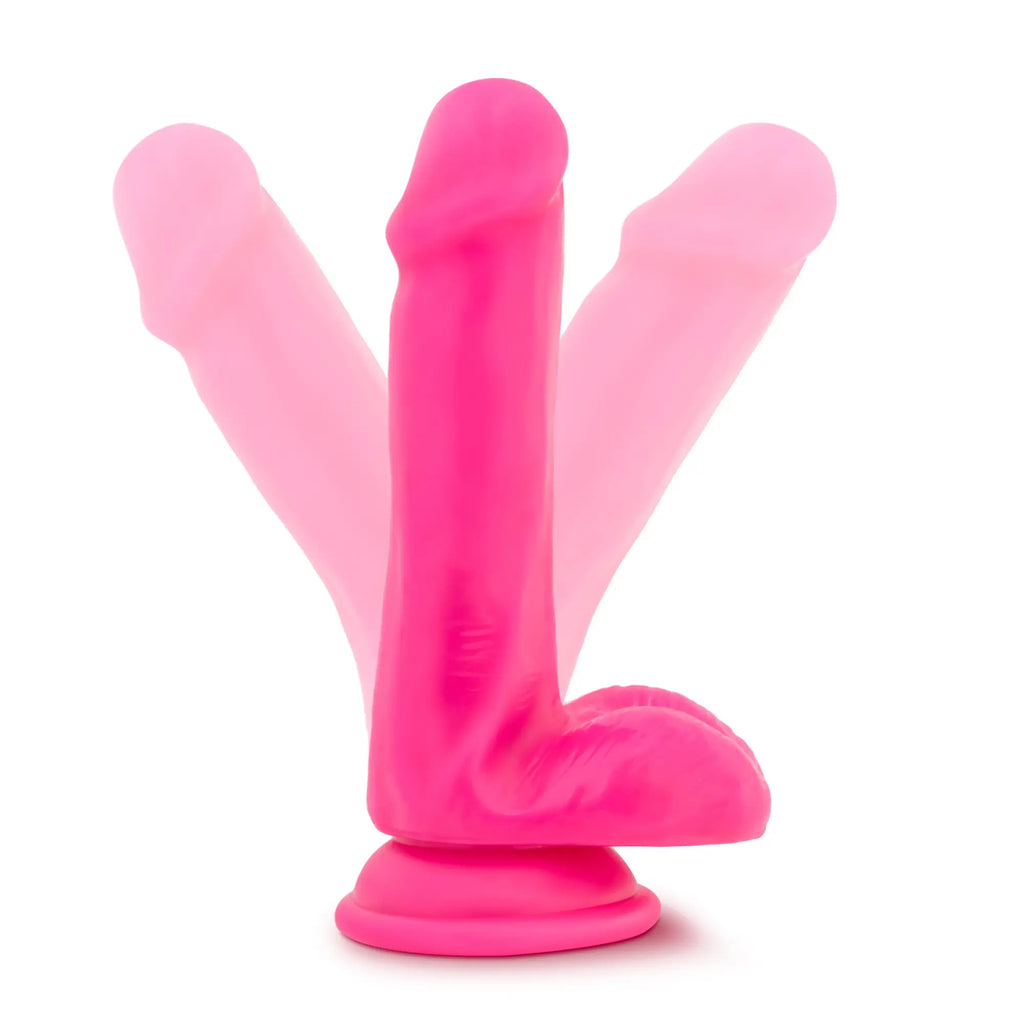 Neo Elite 6in silicone dual density bright pink three-pronged cock toy with balls and base for versatile use
