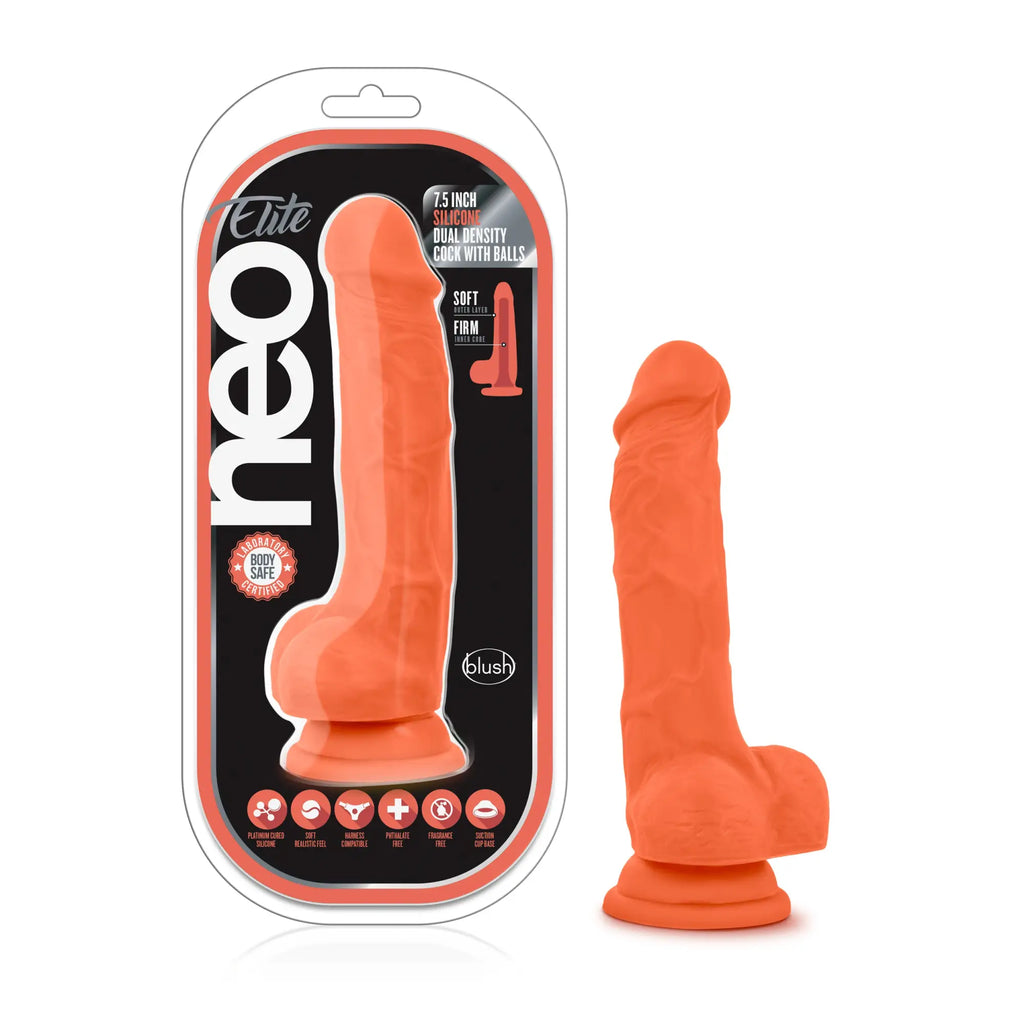 Neo Elite 7.5 inch neon orange silicone dual density cock with balls by Blush for realistic use