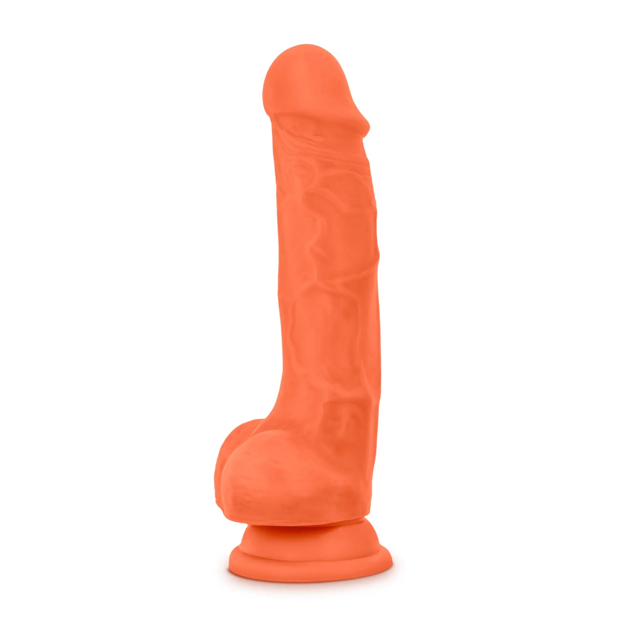 Orange silicone dual density dildo with textured surface and rounded base neo elite 7.5in cock with balls