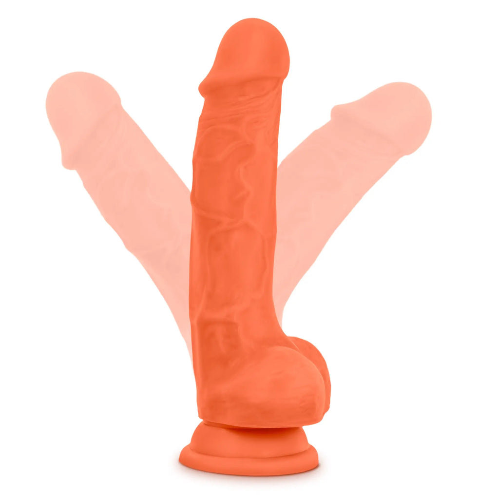 Neo Elite 7.5in silicone dual density orange phallic adult toy with balls and stable base for use