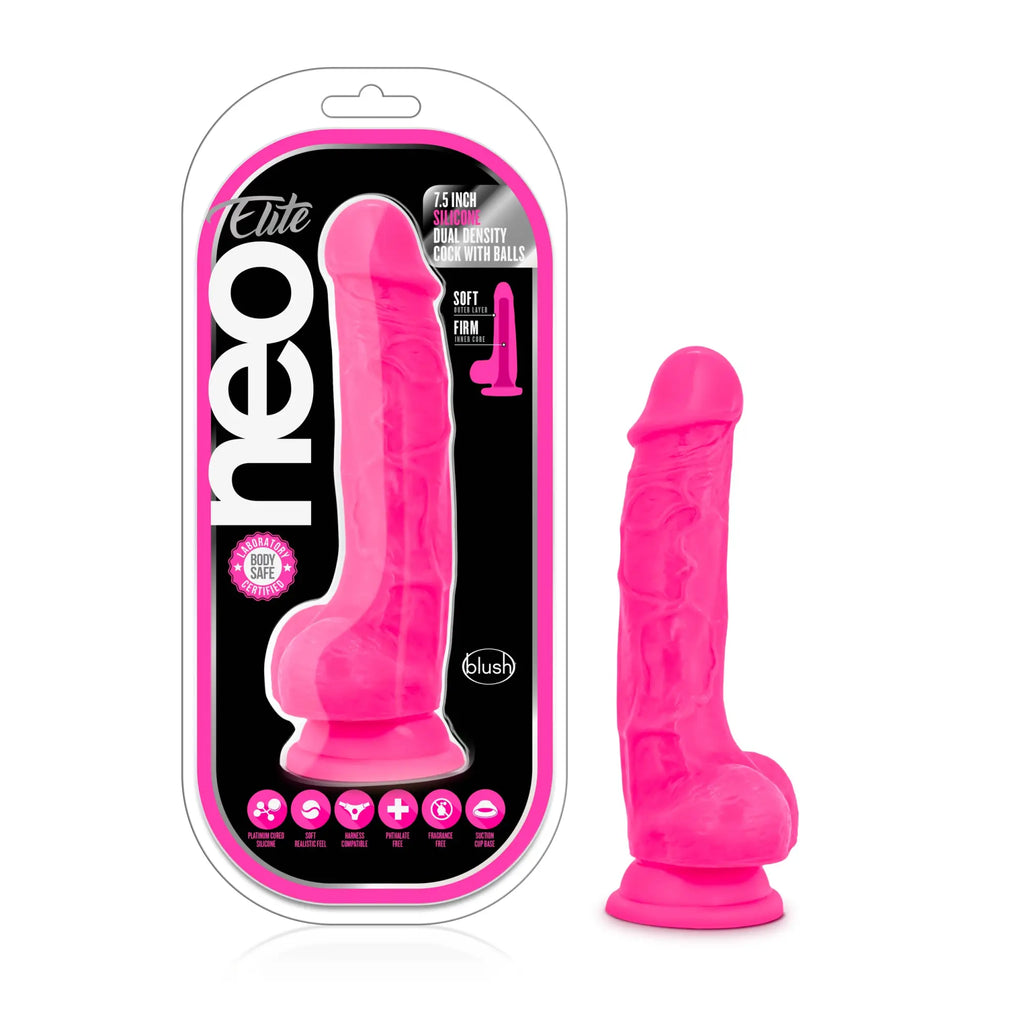 Bright pink neo elite 7.5 inch silicone dual density cock with balls designed for realistic use