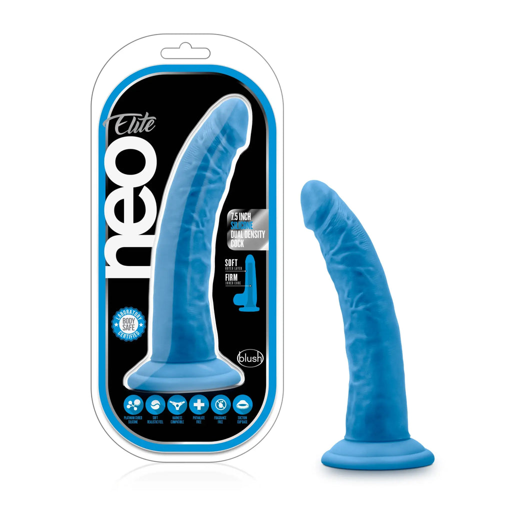 Blue silicone dildo with curved design dual density texture branded neo elite by blush in neon blue color
