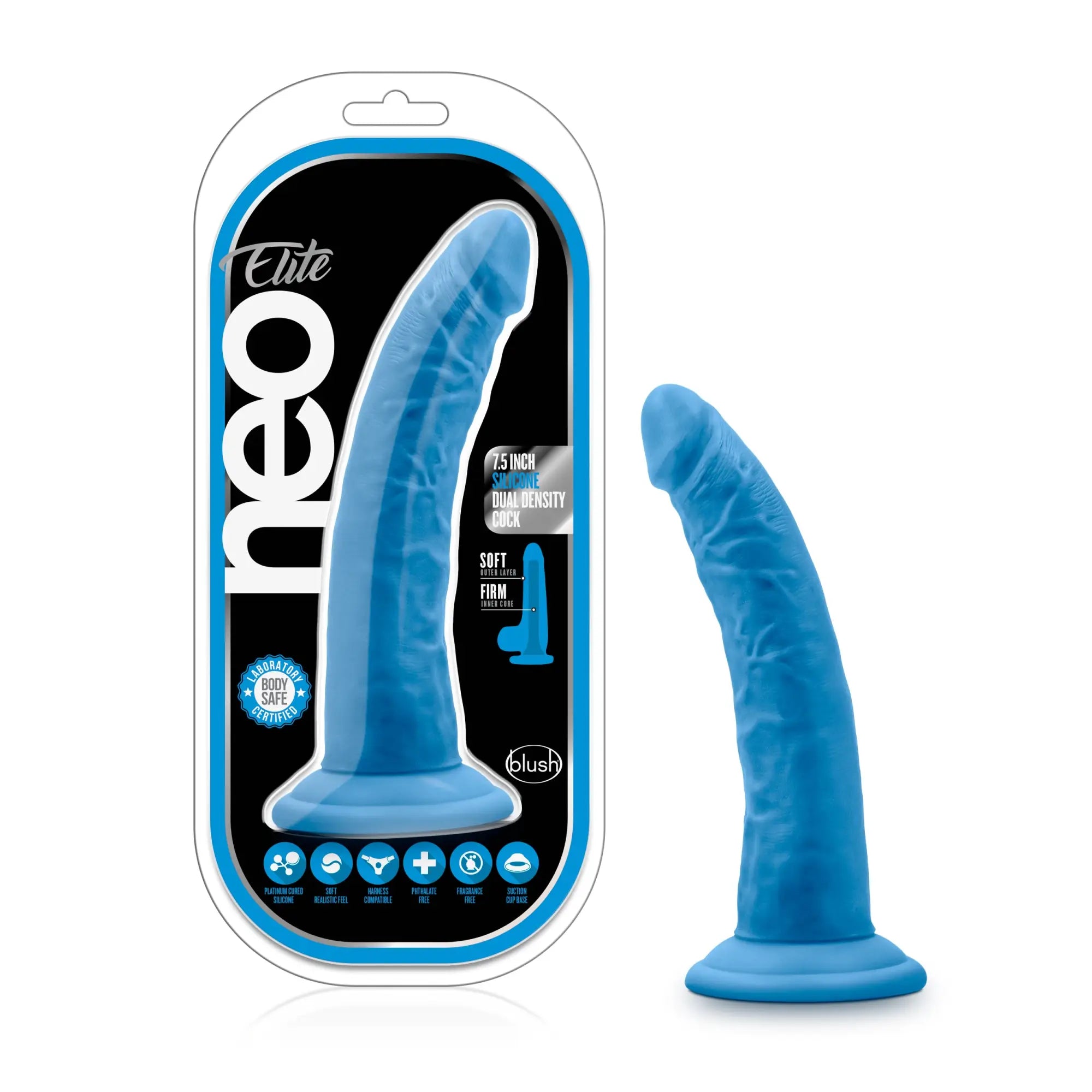 Blue silicone dildo with curved design dual density texture branded neo elite by blush in neon blue color