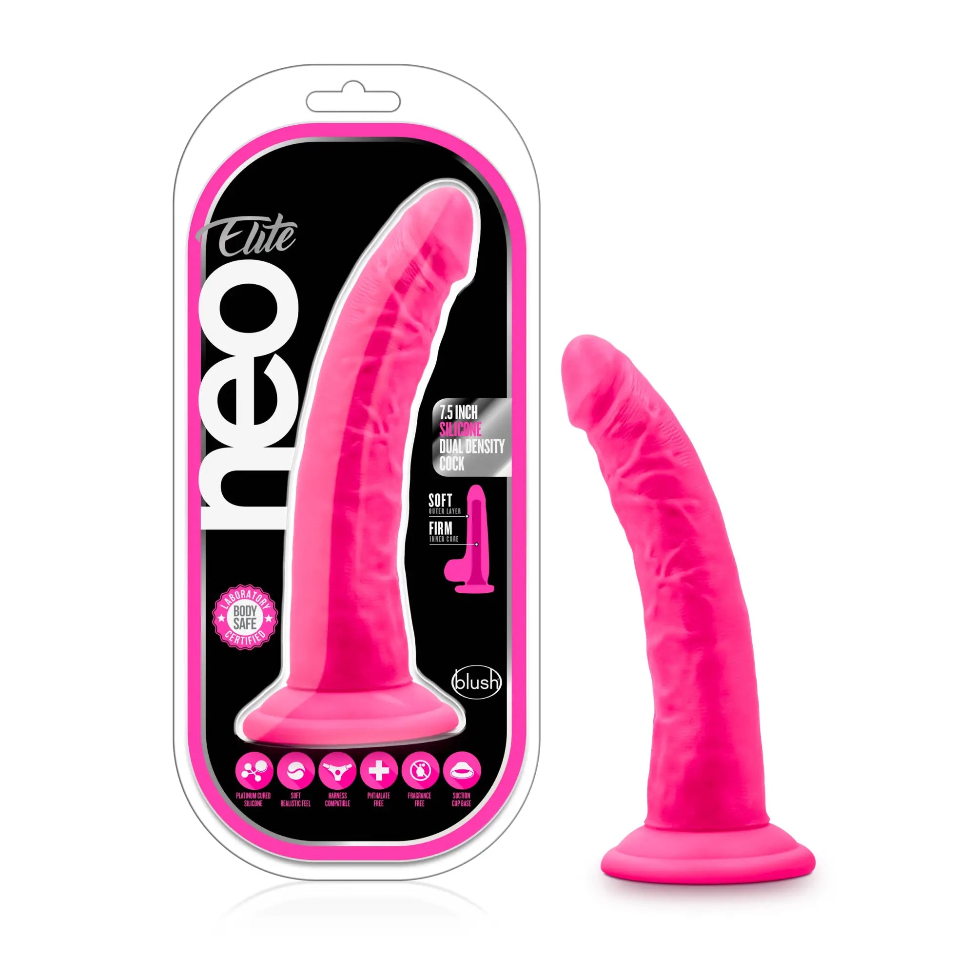 Bright pink silicone dildo with dual-density design branded neo elite by blush for realistic use