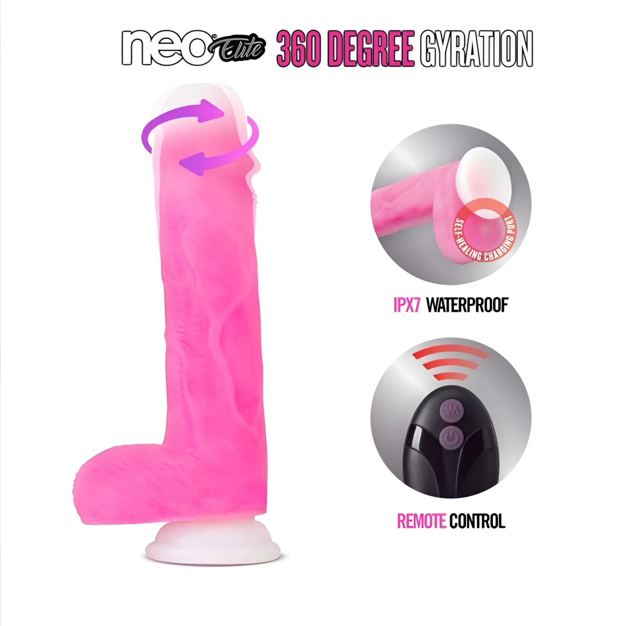 Pink neo elite roxy 8in gyrating dildo with 360 degree textured surface and white base for adult use