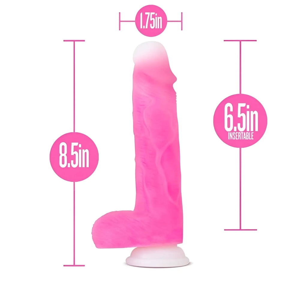 Pink silicone dildo with white base 8.5 inches total length 6.5 inches insertable neo elite roxy gyrating dildo