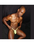 Neon yellow ribbed thong underwear by Arroyman featuring a snug fit and minimal coverage modeled by a man.