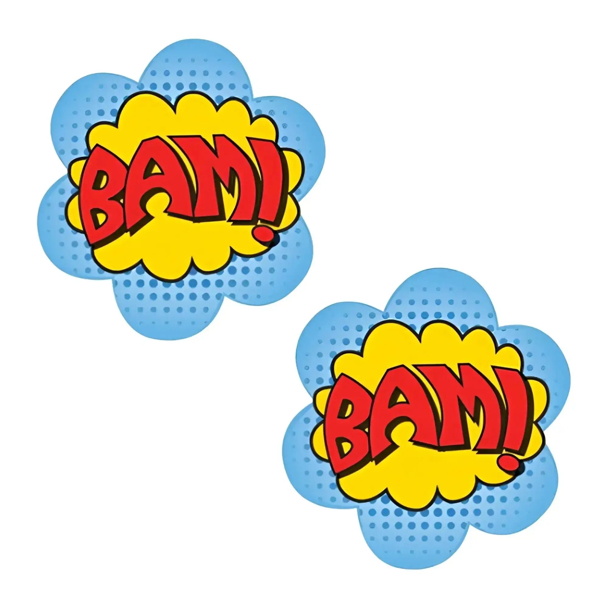 Vibrant comic book-style bam pasties with bold red lettering yellow center and blue halftone background by neva nude