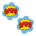Vibrant comic book-style bam pasties with bold red lettering yellow center and blue halftone background by neva nude