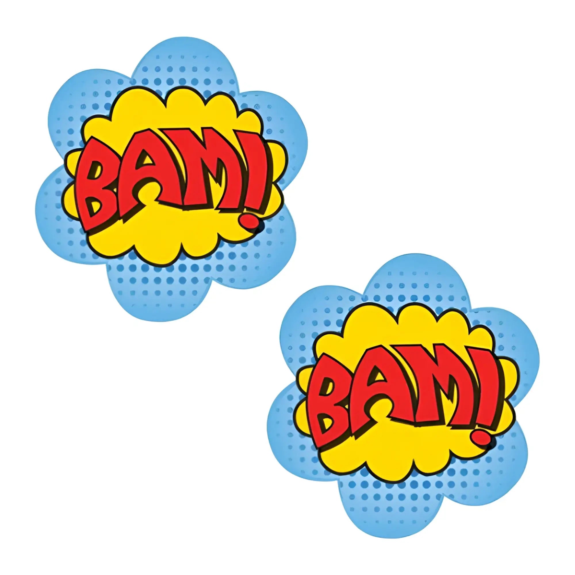 Vibrant comic book-style bam pasties with bold red lettering yellow center and blue halftone background by neva nude