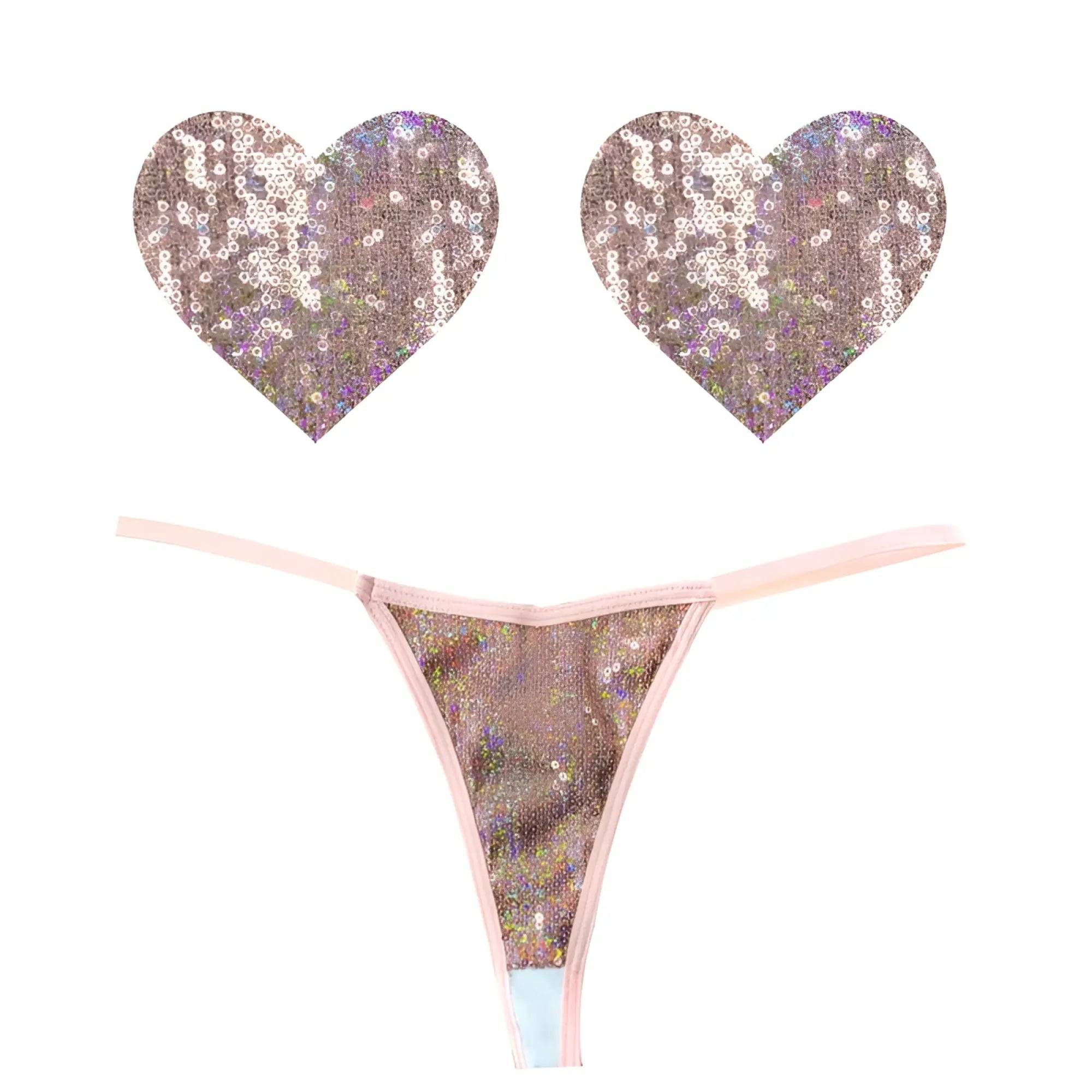 Heart-shaped sequin adhesive pads and sheer nude thong with pink trim from neva nude bubbly feels set one size