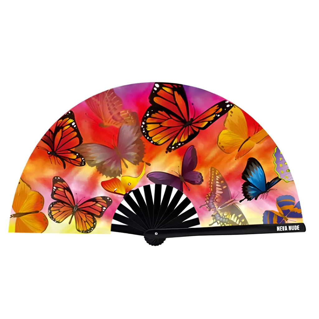 Neva Nude Butterfly Garden blacklight folding fan with vibrant semi-circular design and colorful butterfly in orange pink purple hues