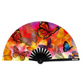 Neva Nude Butterfly Garden blacklight folding fan with vibrant semi-circular design and colorful butterfly in orange pink purple hues