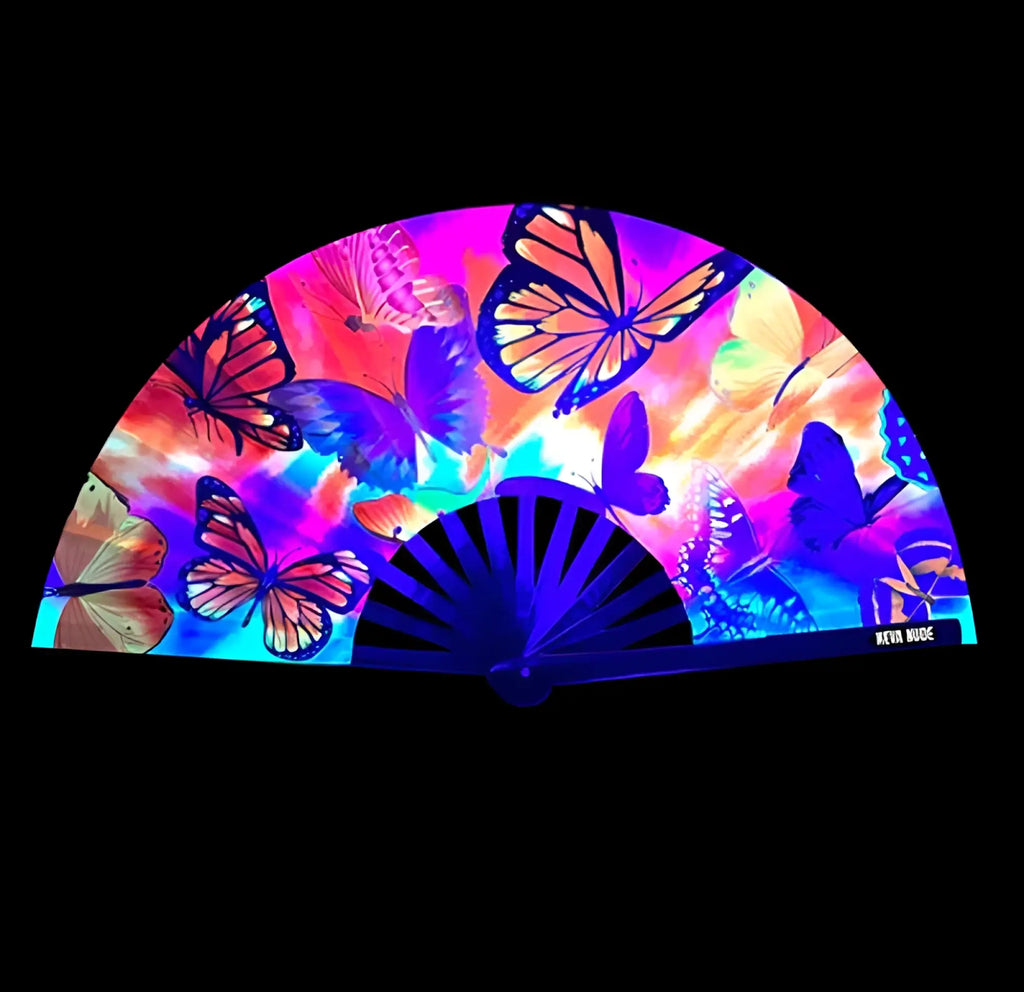 Neva nude butterfly garden blacklight folding fan with vibrant neon pink purple blue and orange butterfly design on black