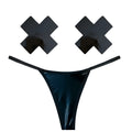 Black glossy latex thong with matching black adhesive nipple covers in neva nude dom squad wet vinyl pastie g-string set