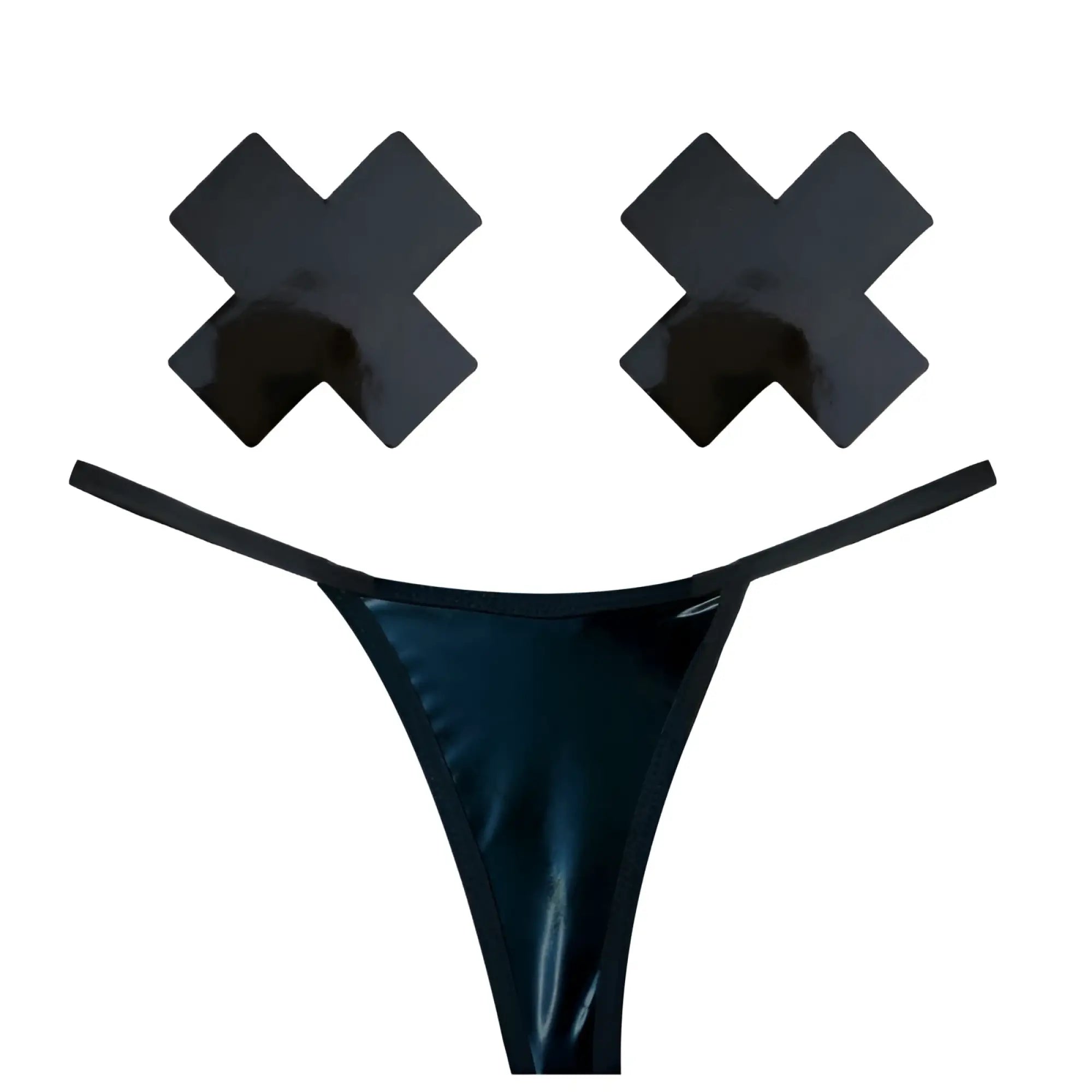 Black glossy latex thong with matching black adhesive nipple covers in neva nude dom squad wet vinyl pastie g-string set