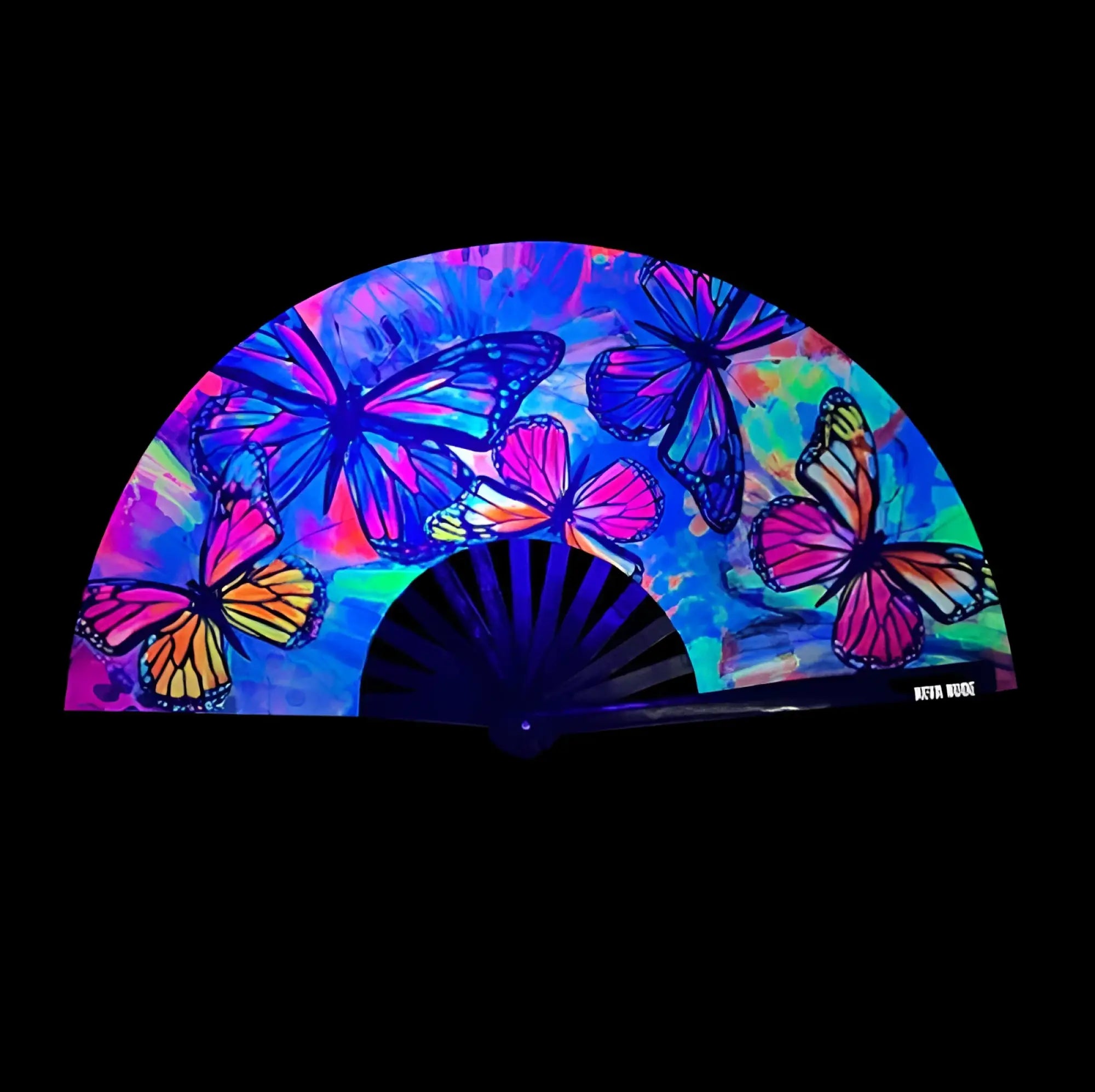 Neva nude flutter by butterfly blacklight folding fan with vibrant neon butterflies on a blue and purple background