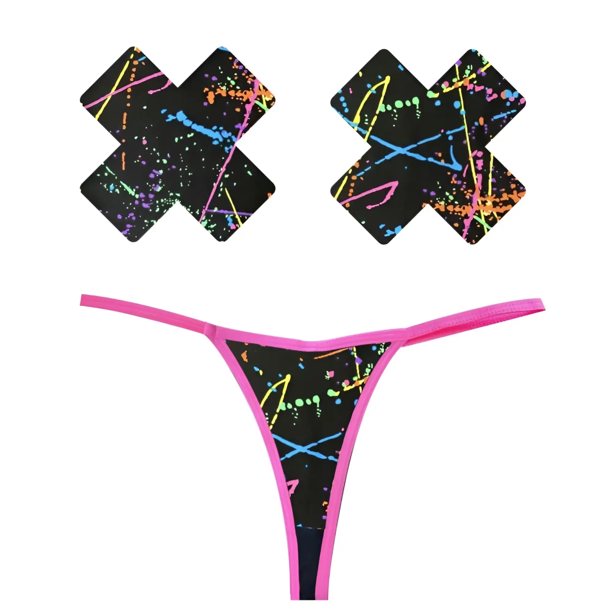 Neva Nude graffiti neon g-string and x pastie set featuring neon pink and black splatter-patterned thong with adhesive nipple covers