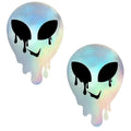 Neva nude holographic melty alien pasties featuring iridescent adhesive stickers with black dripping eyes and a smile