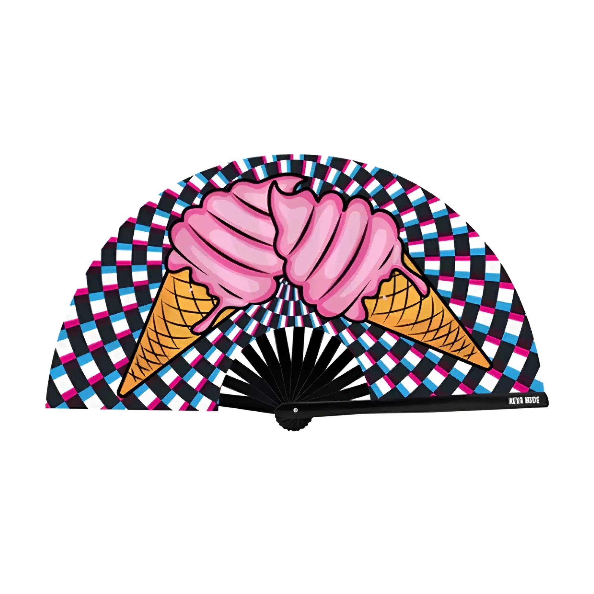 Neva nude ice scream you scream blacklight folding fan with vibrant pop-art pink ice cream cones on black-and-white checkered background