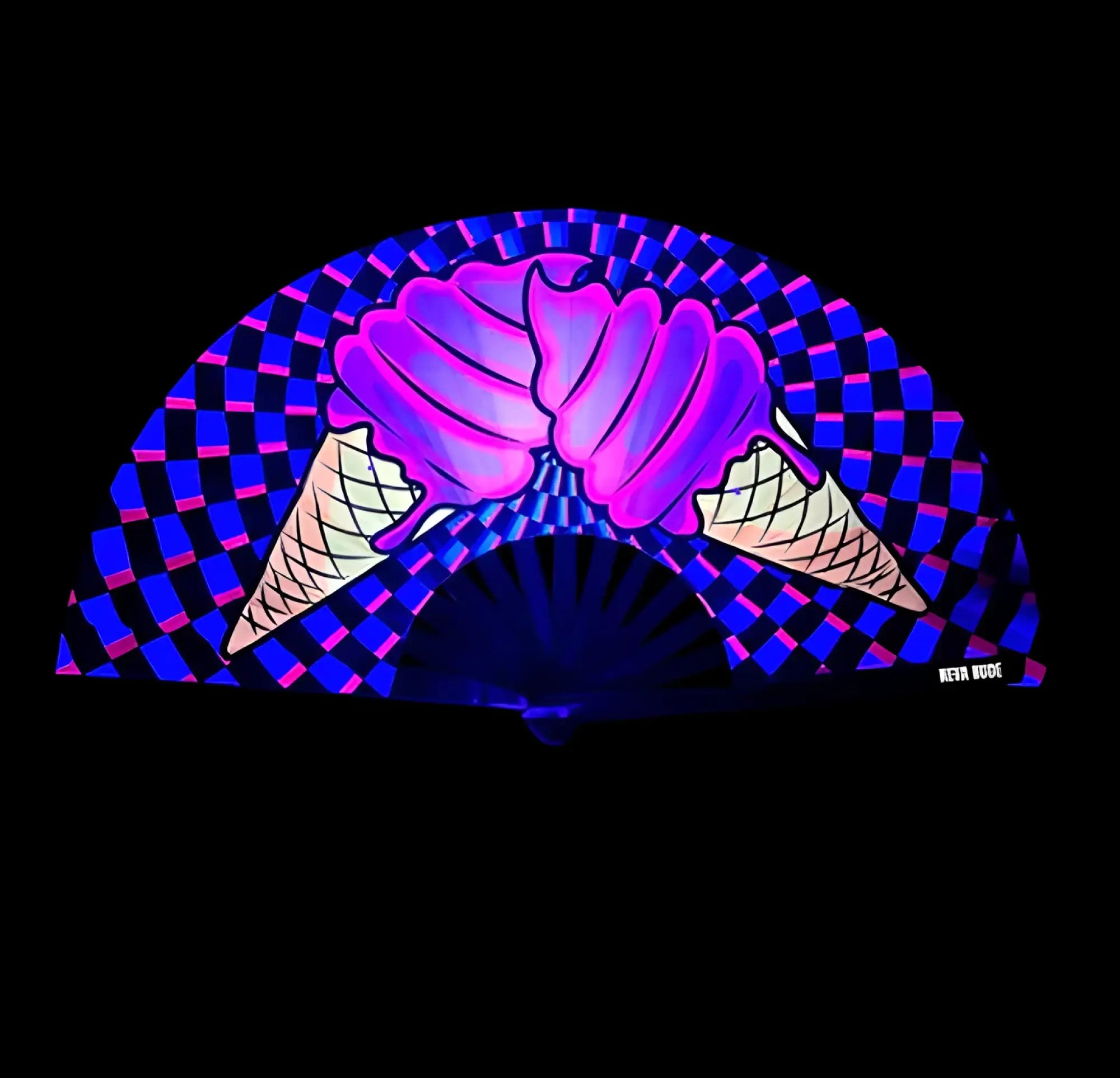 Neva nude ice scream you scream blacklight folding fan with vibrant neon pink and blue ice cream cone design and ricky nude branding