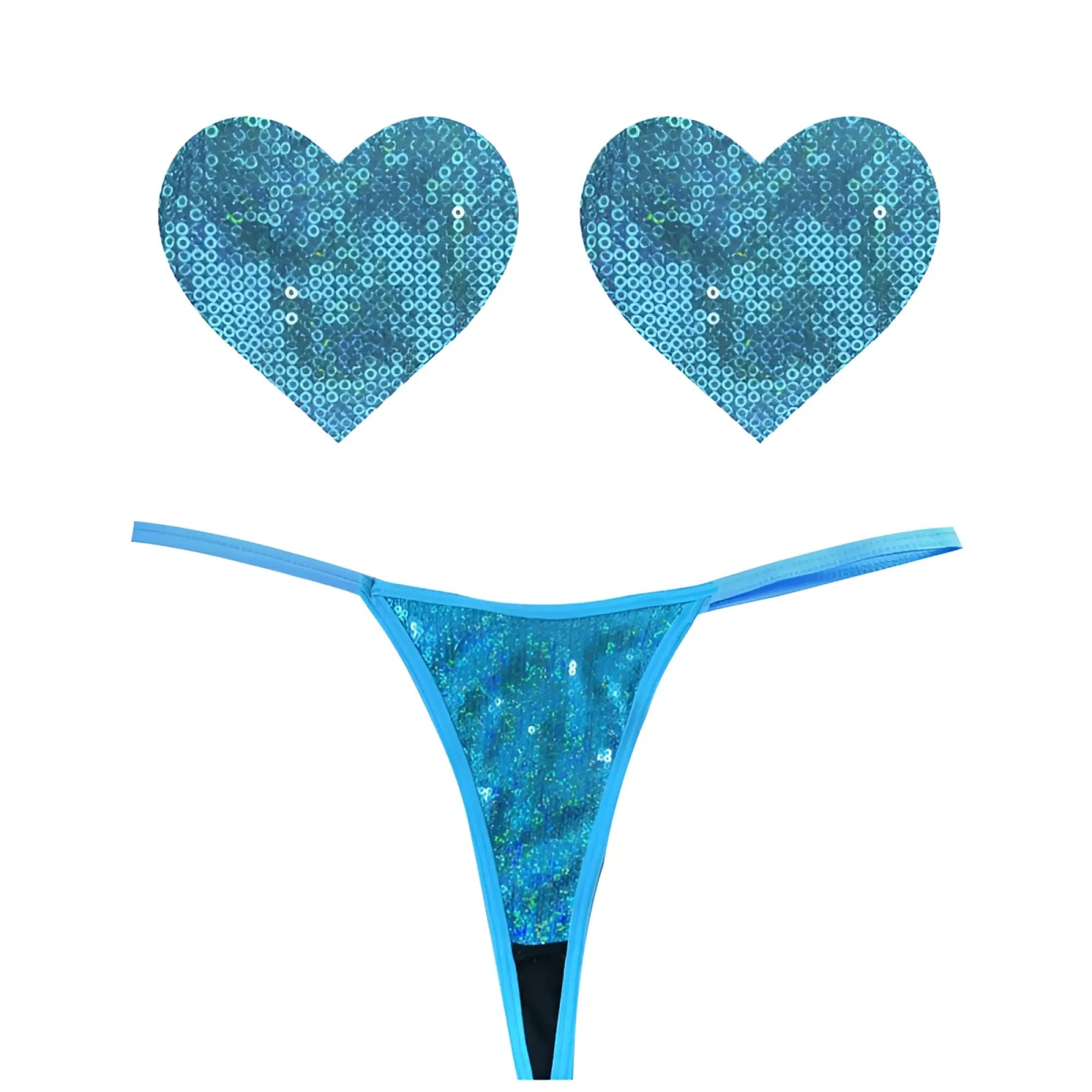 Blue sequined heart-shaped adhesive pads and matching blue sequin thong from Neva Nude Mahi Mahi set one size