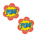 Neva nude pow pasties featuring vibrant red and yellow comic book style pow sound effect stickers with bold blue lettering